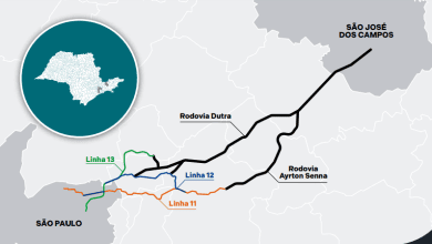 Mapa do Trem Intercidades Eixo Leste, destacando possíveis trajetos entre São Paulo e São José dos Campos, incluindo conexões com linhas da CPTM.