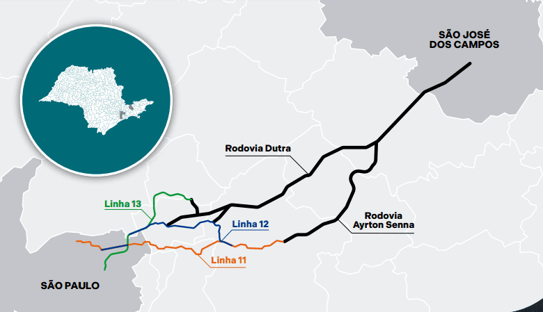 Mapa do Trem Intercidades Eixo Leste, destacando possíveis trajetos entre São Paulo e São José dos Campos, incluindo conexões com linhas da CPTM.