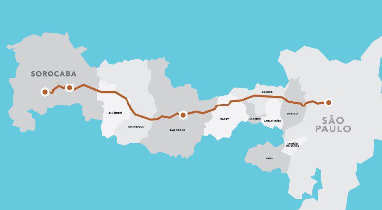 Mapa ilustrativo do trajeto do trem intercidades entre São Paulo e Sorocaba, destacando cidades como Osasco, Barueri, Jandira, São Roque e Sorocaba.