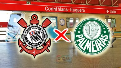 Escudos de Corinthians e Palmeiras sobrepostos à estação Corinthians-Itaquera da Linha 3-Vermelha do metrô, próxima ao estádio do Corinthians.