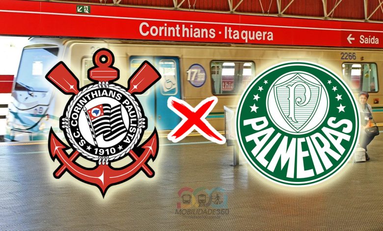 Escudos de Corinthians e Palmeiras sobrepostos à estação Corinthians-Itaquera da Linha 3-Vermelha do metrô, próxima ao estádio do Corinthians.