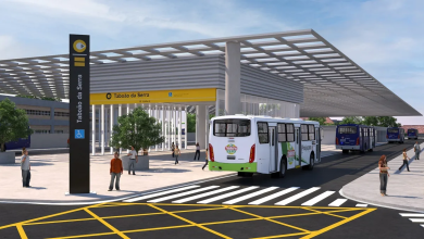 Renderização da futura Estação Taboão da Serra, parte da expansão da Linha 4-Amarela do Metrô de São Paulo, com integração ao transporte por ônibus.
