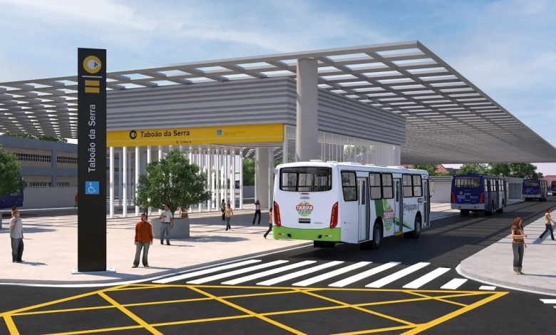 Renderização da futura Estação Taboão da Serra, parte da expansão da Linha 4-Amarela do Metrô de São Paulo, com integração ao transporte por ônibus.