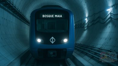 Trem da Linha 19-Celeste em túnel, com painel indicando 'Bosque Maia'.