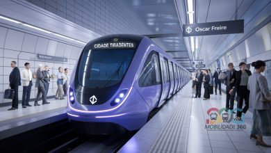 Imagem ilustrativa do metrô de São Paulo, Linha 16-Violeta, mostrando um trem moderno na estação Oscar Freire.