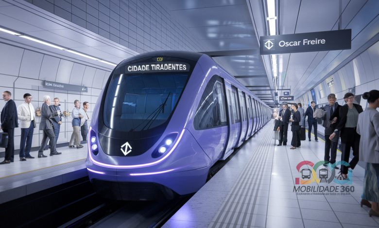 Imagem ilustrativa do metrô de São Paulo, Linha 16-Violeta, mostrando um trem moderno na estação Oscar Freire.
