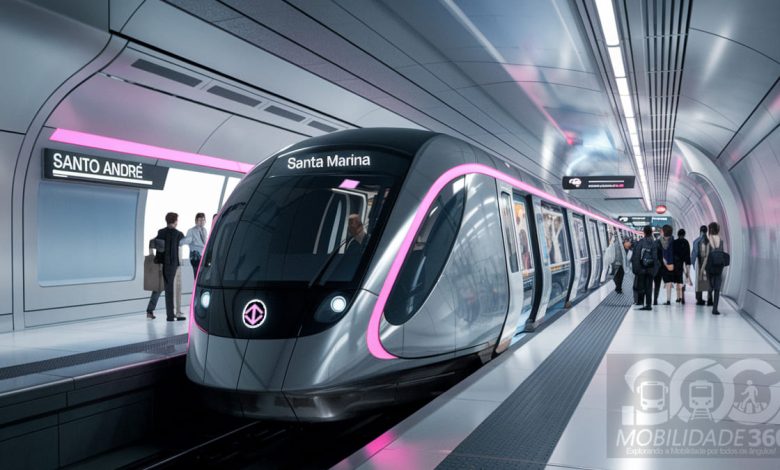 Trem futurista da linha 20 em estação