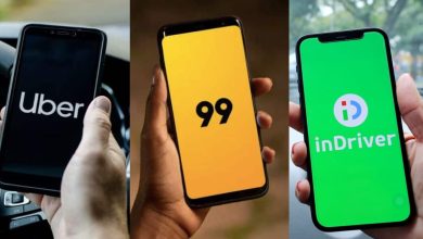 Comparativo entre os aplicativos Uber, 99 e InDriver, mostrando as opções de transporte para passageiros em smartphones.
