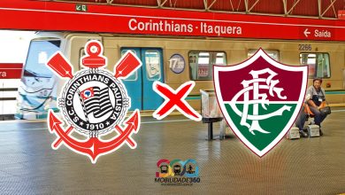 Imagem com os simbolos de Corinthians e Fluminense dentro da estação Corinthians Itaquera, a mais proxima estação de Metrô para se chegar ao estádio do Corinthians