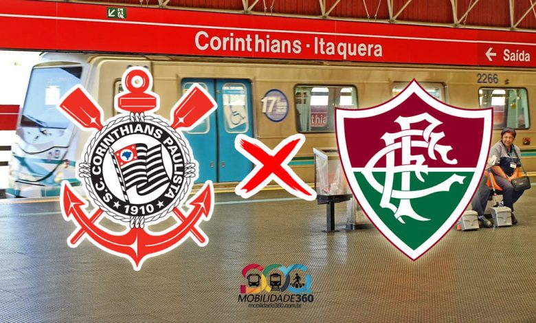 Imagem com os simbolos de Corinthians e Fluminense dentro da estação Corinthians Itaquera, a mais proxima estação de Metrô para se chegar ao estádio do Corinthians