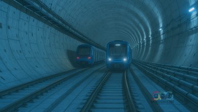 Imagem ilustrativa de dois trens circulando em túnel da Linha 19-Celeste do Metrô de São Paulo.