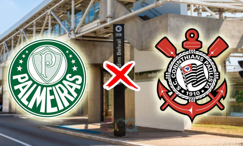 Escudos de Palmeiras e Corinthians em frente à estação Jardim Belval, ilustrando como chegar Arena Barueri de trem.