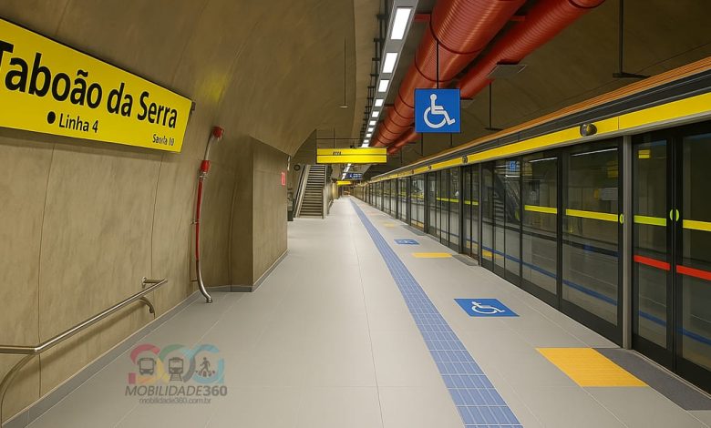 Imagem ilustrativa da estação Taboão da Serra da Linha 4-Amarela, ainda em construção, com sinalização e acessibilidade.