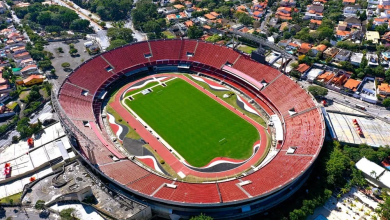 Vista aérea do estádio Morumbis em São Paulo, ilustrando como chegar ao Estádio Morumbis por transporte público.