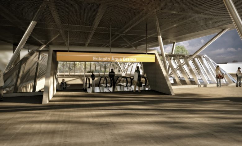 Entrada da estação Água Branca da Linha 6-Laranja do metrô de São Paulo, com projeto moderno e estrutura metálica.