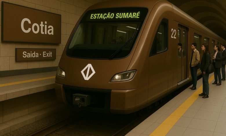 Trem da futura Linha 22-Marrom parado em plataforma da estação Cotia, com destino à Estação Sumaré.