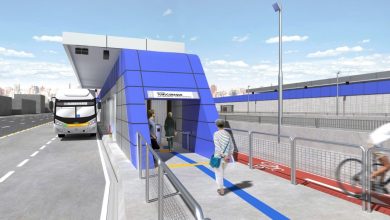 Imagem do projeto mostra como vai ser o BRT Aricanduva, com estação moderna, ciclovia e acessibilidade.