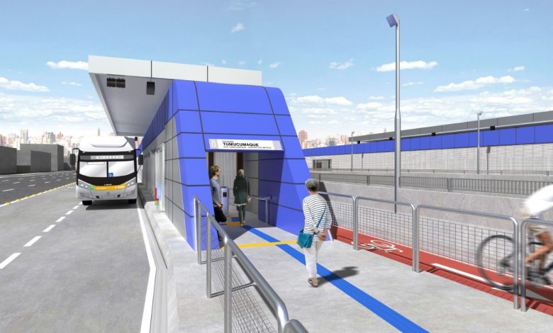 Imagem do projeto mostra como vai ser o BRT Aricanduva, com estação moderna, ciclovia e acessibilidade.