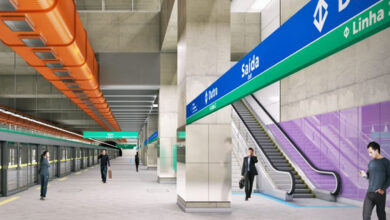 Interior da futura Estação Dutra da Linha 2-Verde com plataformas amplas, sinalização e acessibilidade.