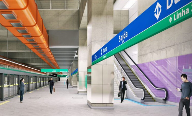 Interior da futura Estação Dutra da Linha 2-Verde com plataformas amplas, sinalização e acessibilidade.