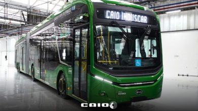 Imagem do ônibus eMillennium BRT da Caio Induscar, modelo 100% elétrico, com design moderno e sustentável.