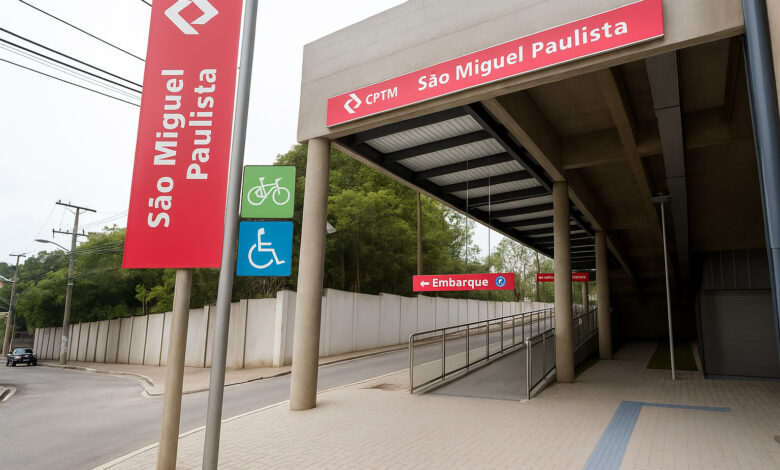 Entrada principal da Estação São Miguel Paulista com acesso acessível e sinalização visível da CPTM.