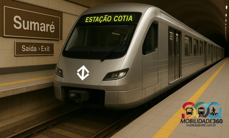 Trem da Linha 22-Marrom na Estação Sumaré com destino a Cotia, representando o futuro trajeto do Metrô de São Paulo.