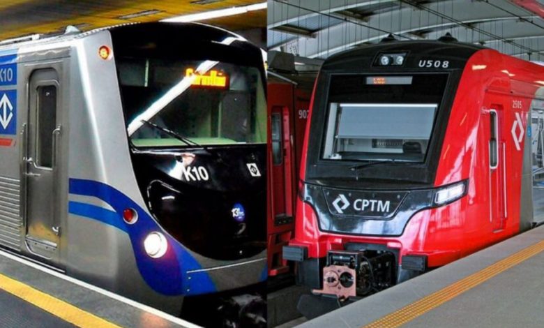 Trens do Metrô e da CPTM em São Paulo, ilustrando proposta de transporte público gratuito para doadores.
