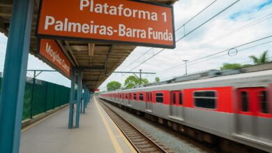 Imagem ilustrativa da plataforma 1 da Estação Palmeiras-Barra Funda, com trem da CPTM em movimento.