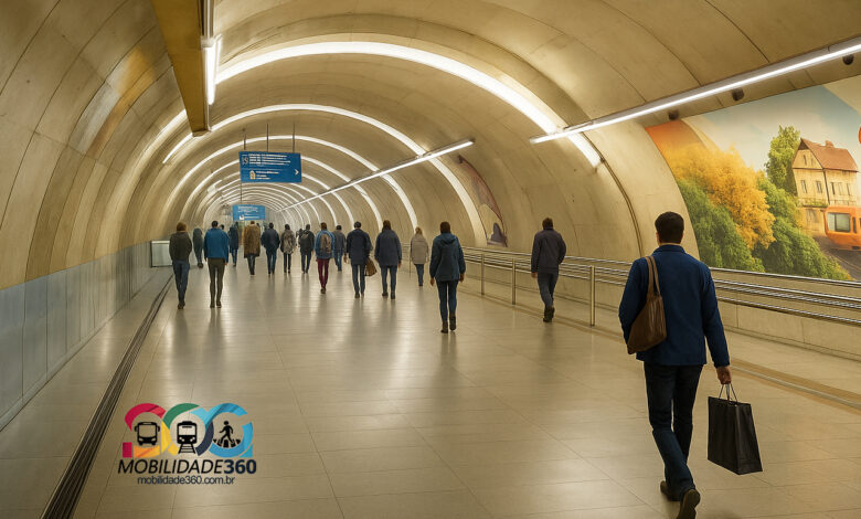 Pessoas caminhando no túnel Consolação–Paulista, ligação entre estações do metrô de São Paulo.