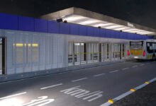 Ilustração do BRT Radial Leste com faixas exclusivas e estação de embarque.