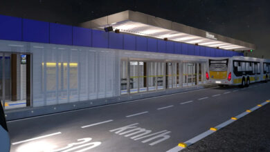 Ilustração do BRT Radial Leste com faixas exclusivas e estação de embarque.