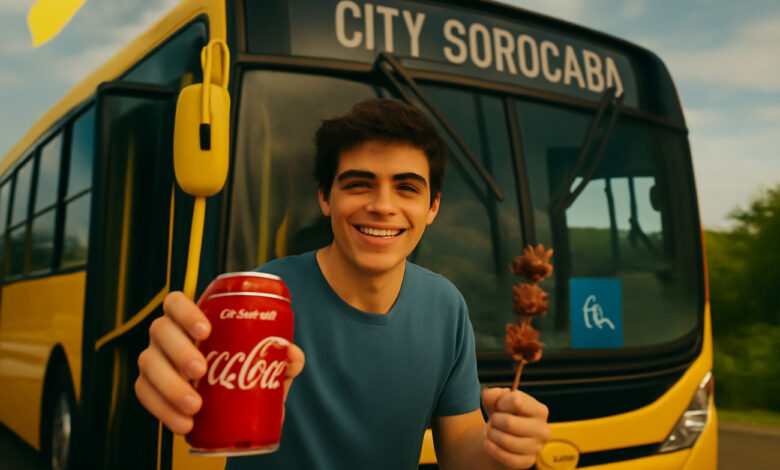 Passageiro de Sorocaba segurando Coca-Cola e churrasquinho grátis em frente ao ônibus expressos da cidade.