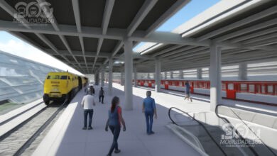 Imagem ilustrativa da futura Estação ABC na Linha 10-Turquesa, com a arquitetura moderna e a integração com o transporte público no Grande ABC.