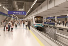 Renderização digital da futura estação Penha da Linha 2-Verde com trem parado na plataforma.