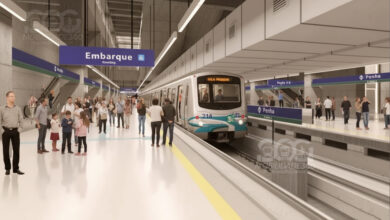Renderização digital da futura estação Penha da Linha 2-Verde com trem parado na plataforma.