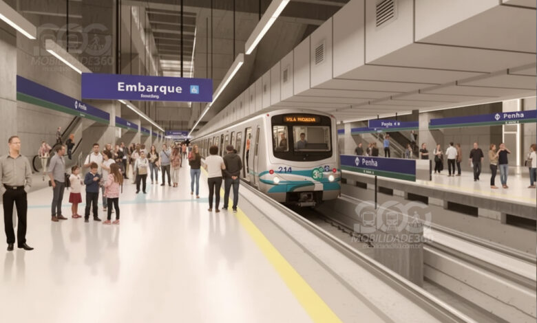 Renderização digital da futura estação Penha da Linha 2-Verde com trem parado na plataforma.