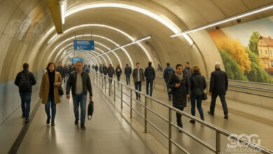 Pedestres em um túnel de metrô, que ilustra como será o novo túnel Consolação-Paulista.