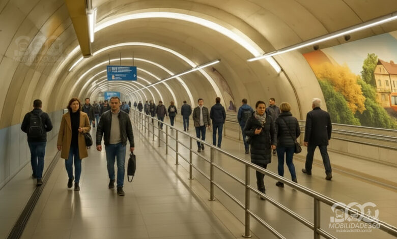 Pedestres em um túnel de metrô, que ilustra como será o novo túnel Consolação-Paulista.