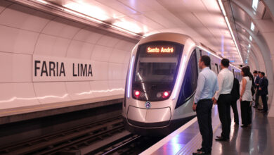 Imagem ilustrativa de um trem na estação Faria Lima, representando o futuro traçado da linha 20-rosa.