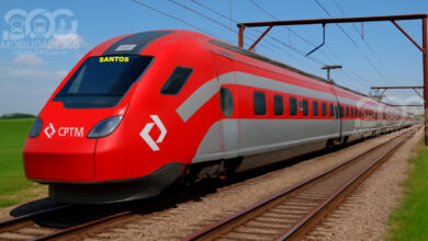 Imagem ilustrativa do trem da CPTM com pintura especial, modelo de alta velocidade, em trajeto São Paulo-Santos, criada pelo Mobilidade360.