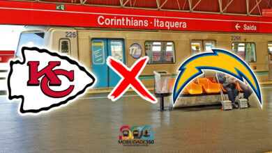 ogo Kansas City Chiefs x Los Angeles Chargers na Neo Química Arena, com Metrô e CPTM em operação especial.