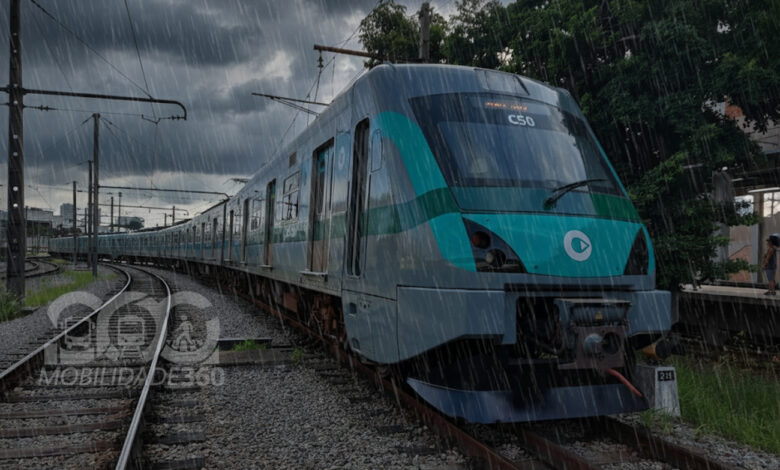 Trens da Linha 8-Diamante operando sob forte chuva em São Paulo, com o céu escuro ao fundo.