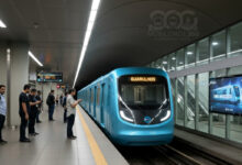 Ilustração de um trem azul da Linha 19-Celeste parado na plataforma de uma estação futurista. O letreiro do trem indica 