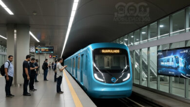 Ilustração de um trem azul da Linha 19-Celeste parado na plataforma de uma estação futurista. O letreiro do trem indica 