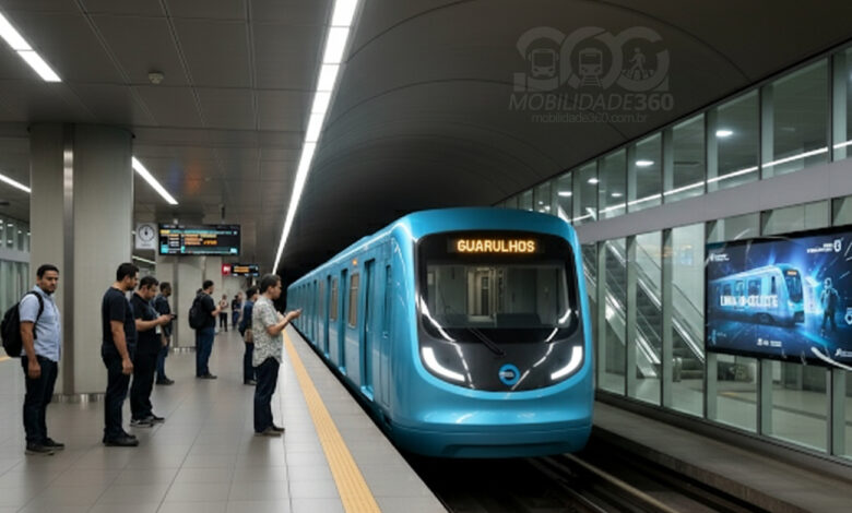 Ilustração de um trem azul da Linha 19-Celeste parado na plataforma de uma estação futurista. O letreiro do trem indica 