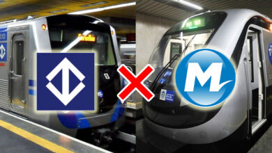 Montagem compara trens do Metrô de SP e do MetrôRio com logos e X vermelho; MetrôRio provoca Metrô de São Paulo.