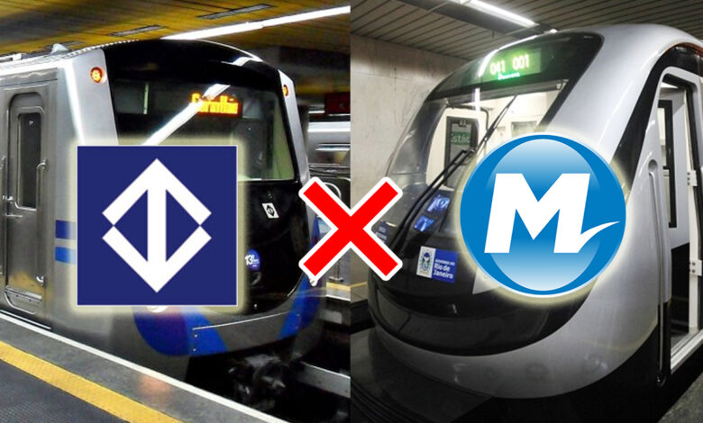 Montagem compara trens do Metrô de SP e do MetrôRio com logos e X vermelho; MetrôRio provoca Metrô de São Paulo.