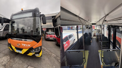 Imagem do ônibus elétrico TEVX Higer Azure 9 da Pêssego Transportes, mostrando a parte externa e interna do veículo.