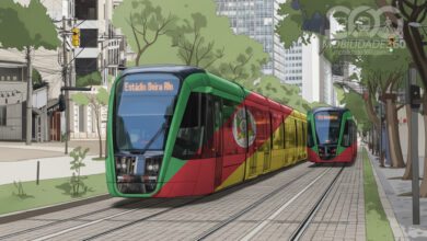 Projeção IA de VLT em Porto Alegre circulando em via urbana com a bandeira do RS estampada.